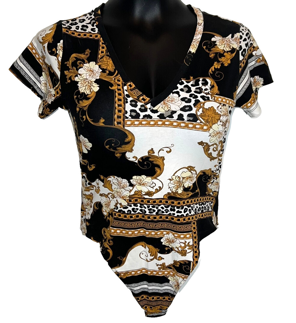 Guess Women's Size L Bodysuit Cheetah Regency Print Short Sleeve Thong Snaps